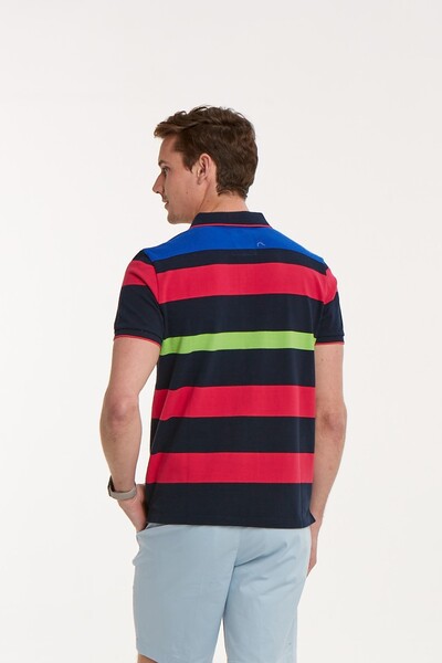 Dark Blue Red Sax Green Striped Polo Neck T-Shirt - Thumbnail