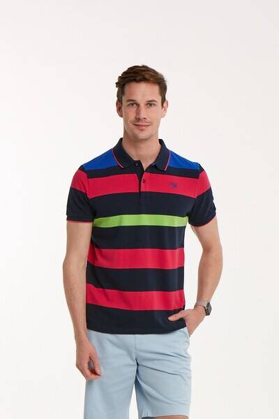 Dark Blue Red Sax Green Striped Polo Neck T-Shirt