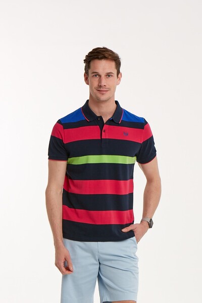 VOLTAJ - Dark Blue Red Sax Green Striped Polo Neck T-Shirt