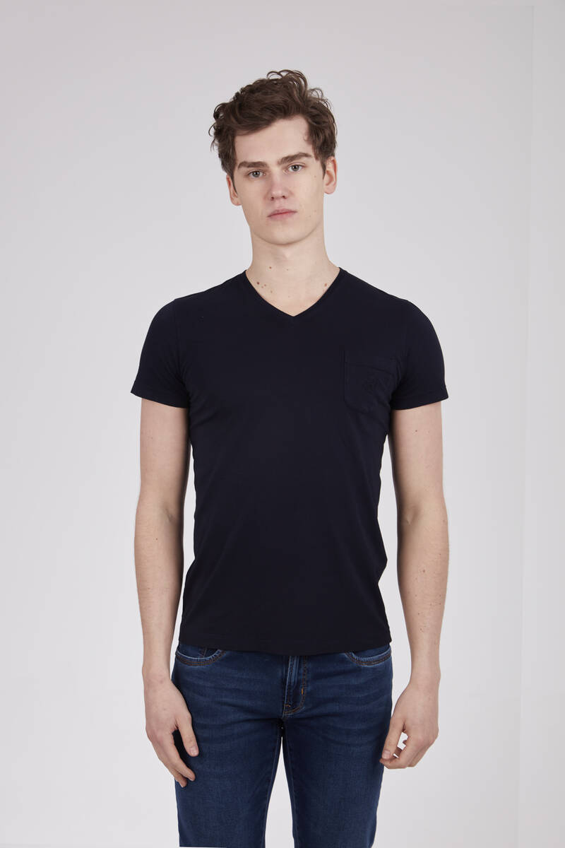 Dark Blue V-Neck T-Shirt - 1