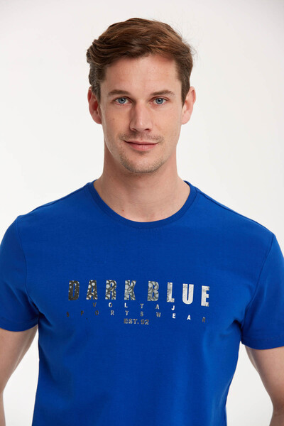 Darkblue Printed Round Neck Men's T-Shirt - Thumbnail