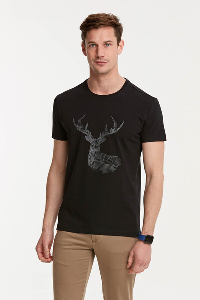 Deer Printed Round Neck Men's T-Shirt - Thumbnail