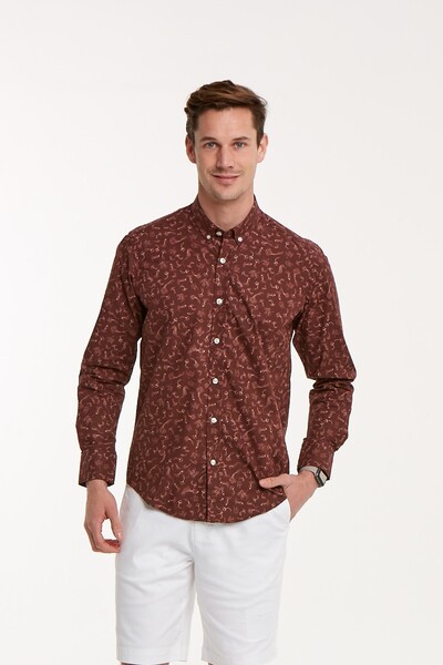 VOLTAJ - Deniz Atı Desenli Pamuklu Kahverengi Slim Fit Erkek Gömlek