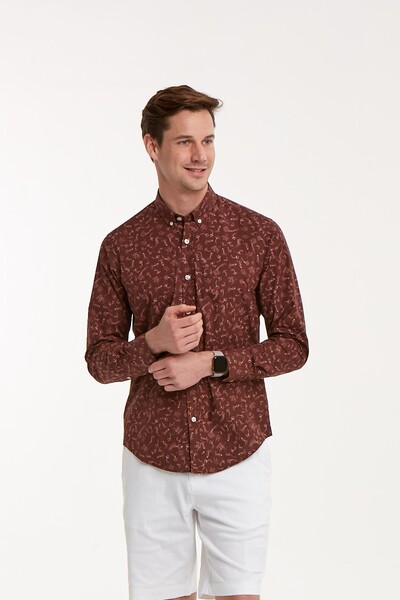 VOLTAJ - Deniz Atı Desenli Pamuklu Kahverengi Slim Fit Erkek Gömlek (1)