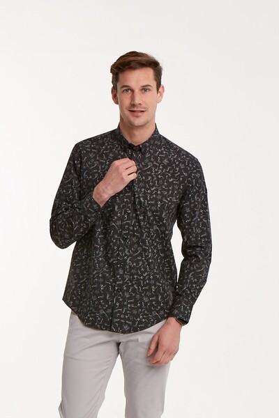 VOLTAJ - Deniz Atı Desenli Pamuklu Siyah Slim Fit Erkek Gömlek