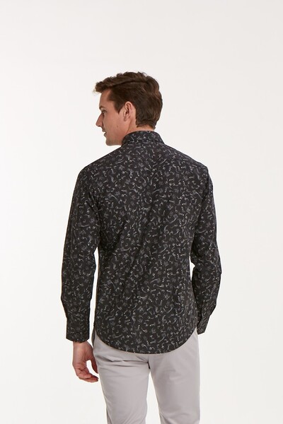 VOLTAJ - Deniz Atı Desenli Pamuklu Siyah Slim Fit Erkek Gömlek (1)