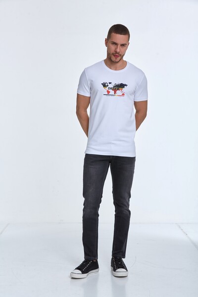 Dünya Haritası Baskılı Bisiklet Yaka Tişört - VOLTAJ