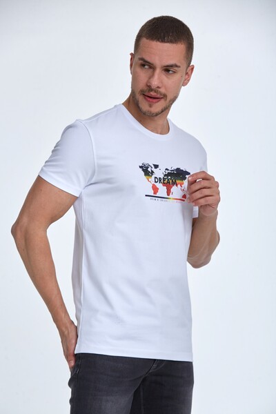 Dünya Haritası Baskılı Bisiklet Yaka Tişört - VOLTAJ (1)