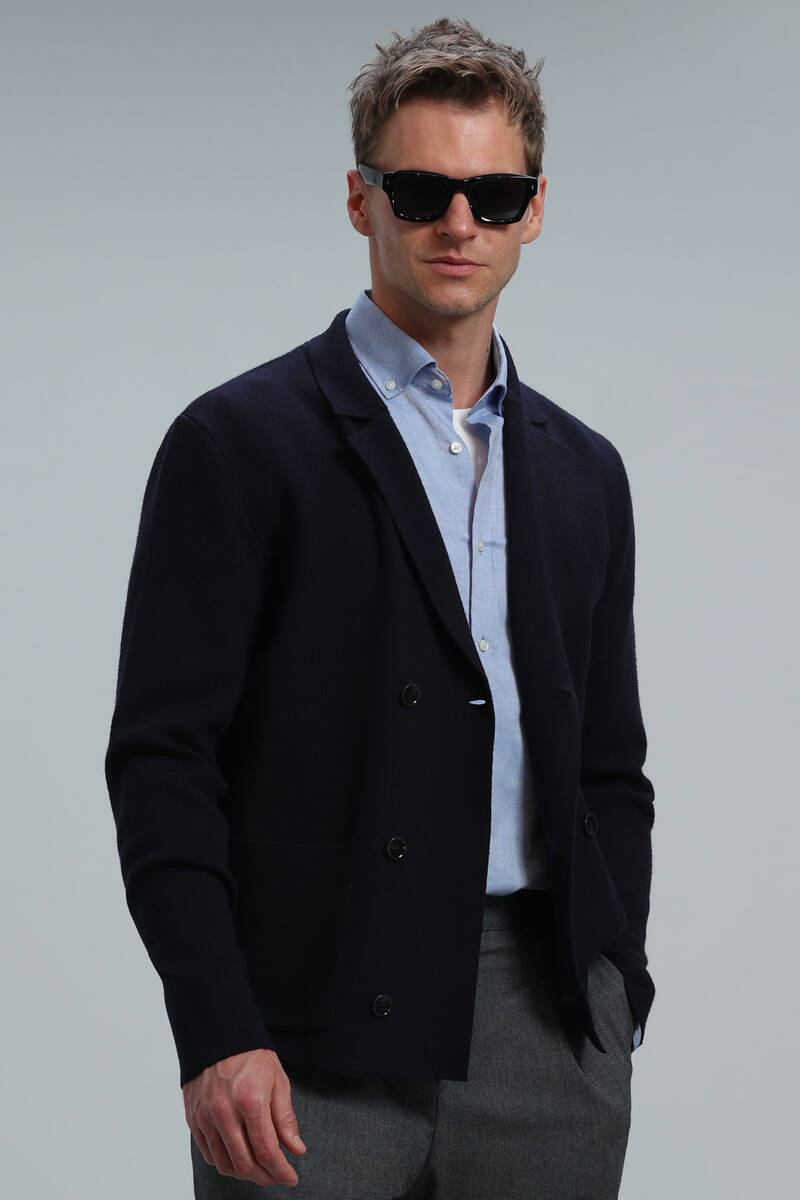 Elegant Men's Cardigan Navy Blue - 3