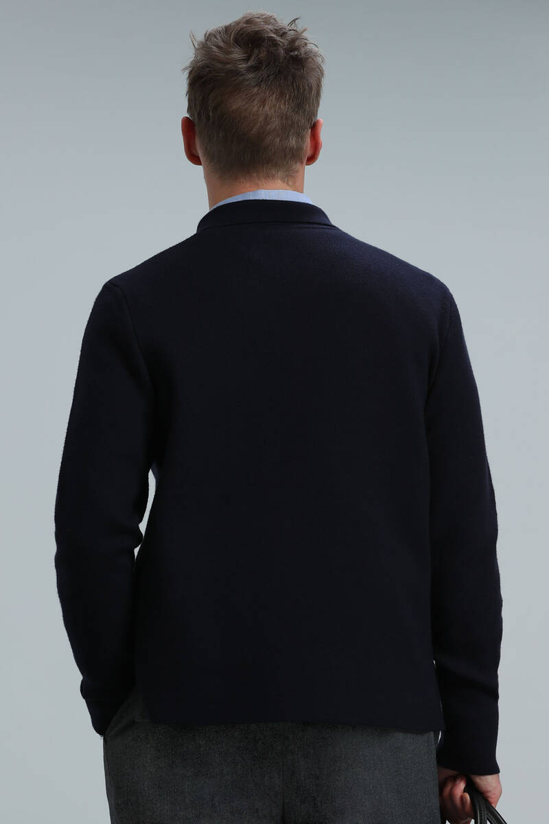 Elegant Men's Cardigan Navy Blue - 6