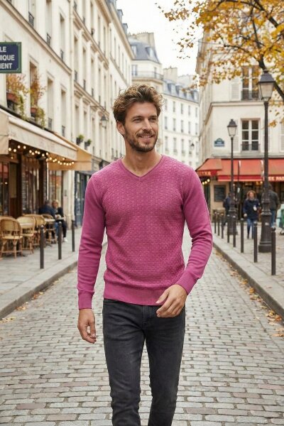 Eloise V-Neck Men's Knitwear Sweater Pink - VOLTAJ (1)
