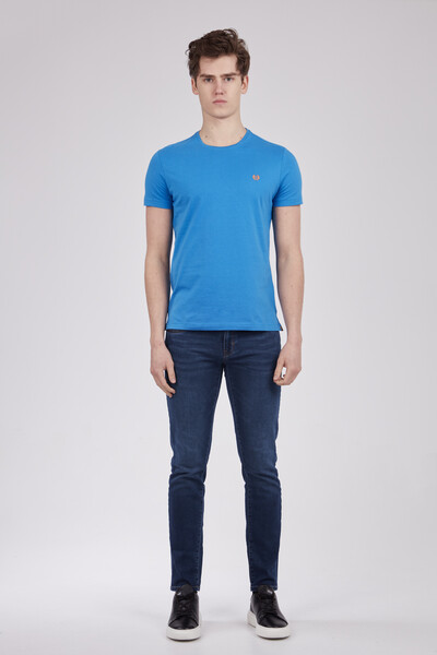 Embroidered Crew Neck Blue Men's T-Shirt - Thumbnail