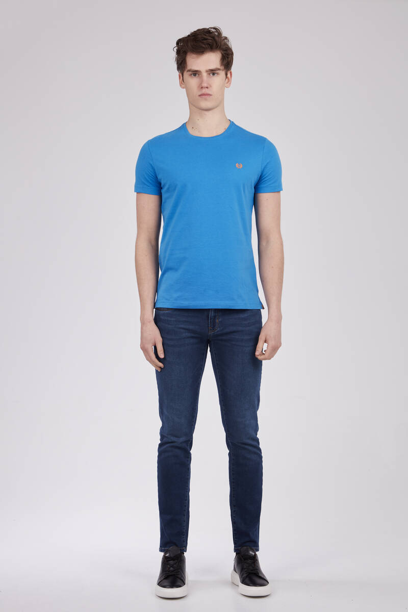 Embroidered Crew Neck Blue Men's T-Shirt - 2