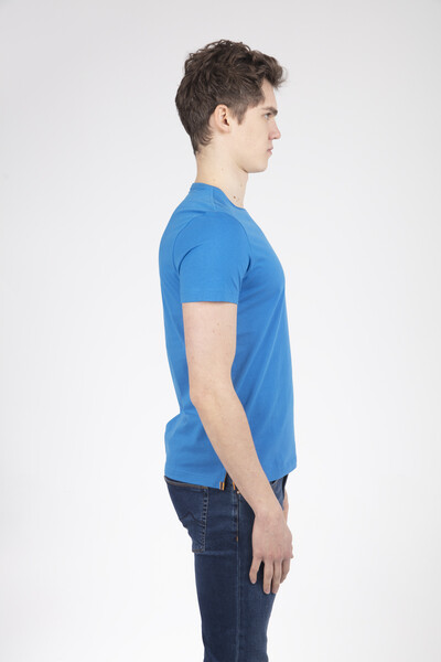 Embroidered Crew Neck Blue Men's T-Shirt - Thumbnail