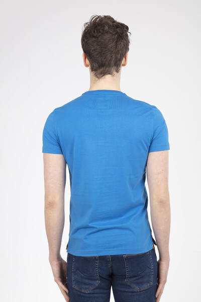 Embroidered Crew Neck Blue Men's T-Shirt - Thumbnail