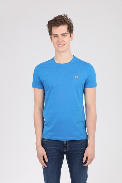 Embroidered Crew Neck Blue Men's T-Shirt - 1