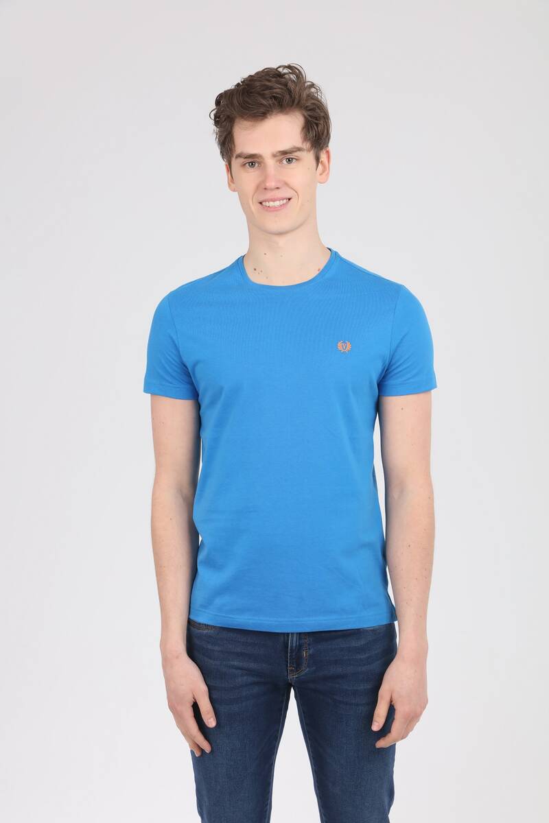 Embroidered Crew Neck Blue Men's T-Shirt - 1