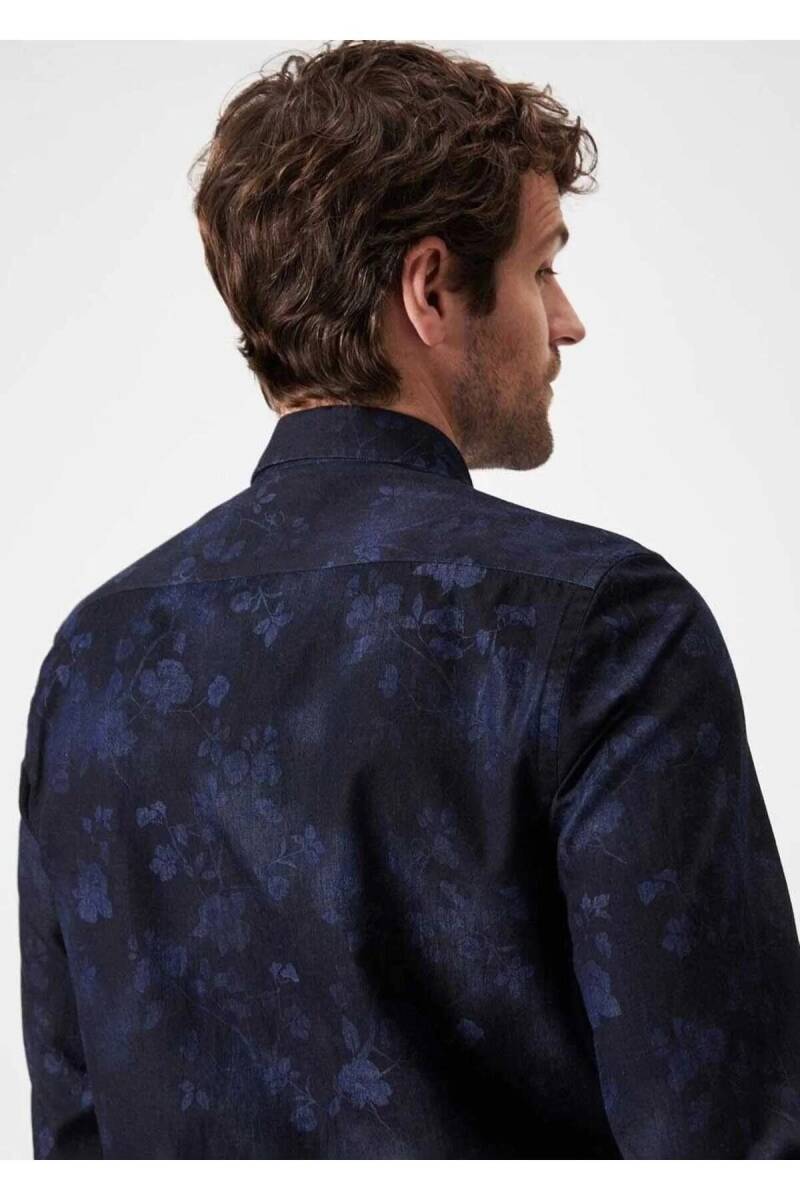 Emilio Lacivert Renk Çiçek Desenli Denim Gömlek - 2