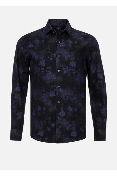 Emilio Lacivert Renk Çiçek Desenli Denim Gömlek - 3