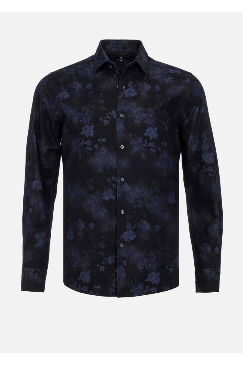 Emilio Lacivert Renk Çiçek Desenli Denim Gömlek - 3