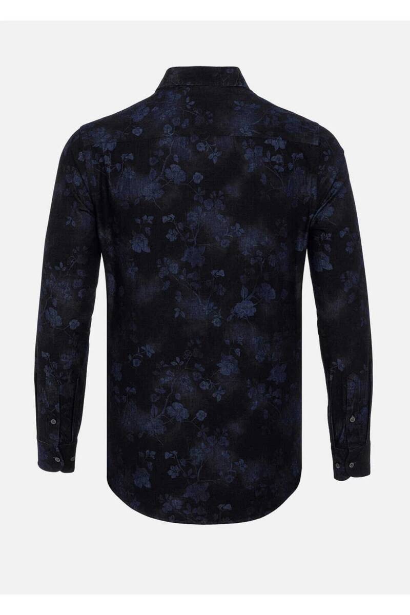 Emilio Lacivert Renk Çiçek Desenli Denim Gömlek - 4