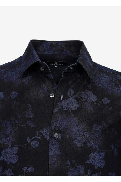 Emilio Lacivert Renk Çiçek Desenli Denim Gömlek - 5
