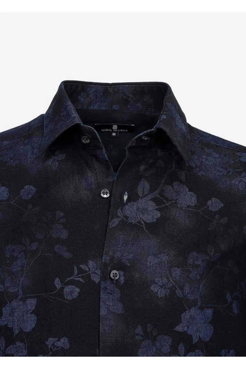 Emilio Lacivert Renk Çiçek Desenli Denim Gömlek - 5
