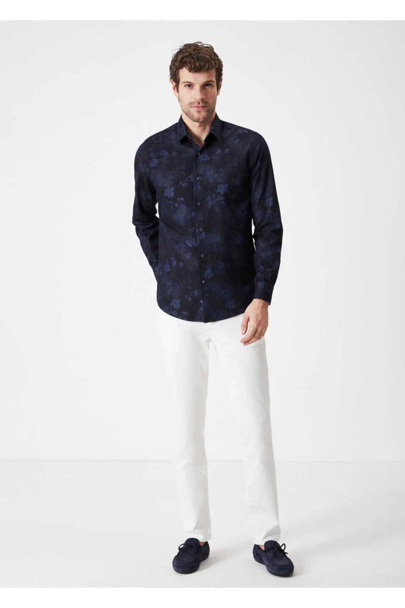 Emilio Navy Blue Floral Patterned Denim Shirt - 1