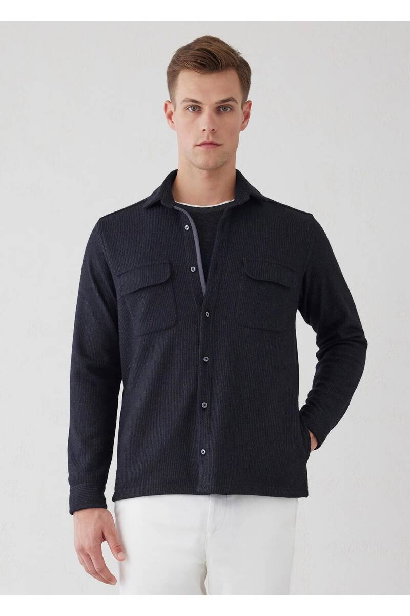 Endero Anthracite Color Striped Patterned Wool Blend Shirt - 1