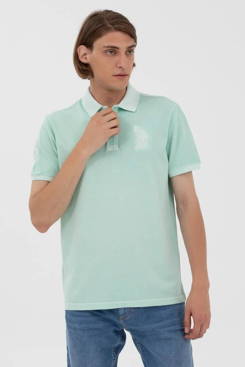 Erkek Slim Fit Polo Yaka Su Yeşili Basic Tişört - 1