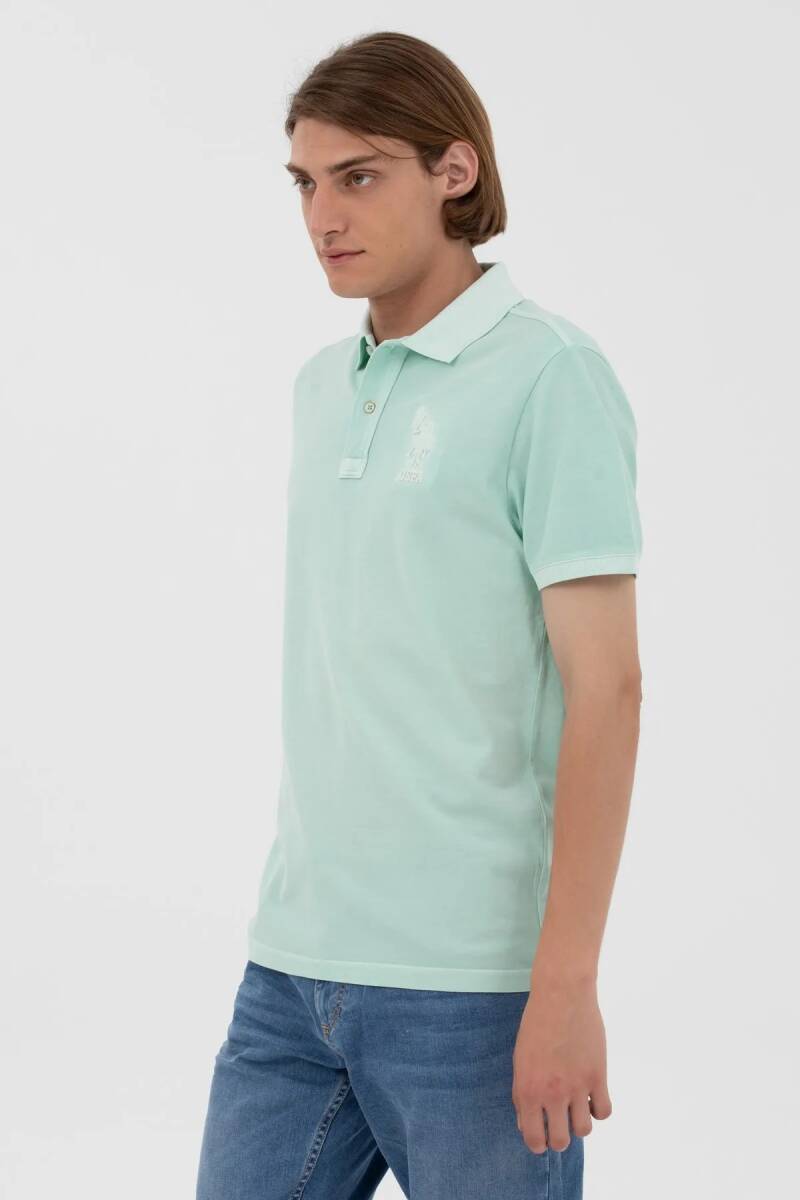 Erkek Slim Fit Polo Yaka Su Yeşili Basic Tişört - 2