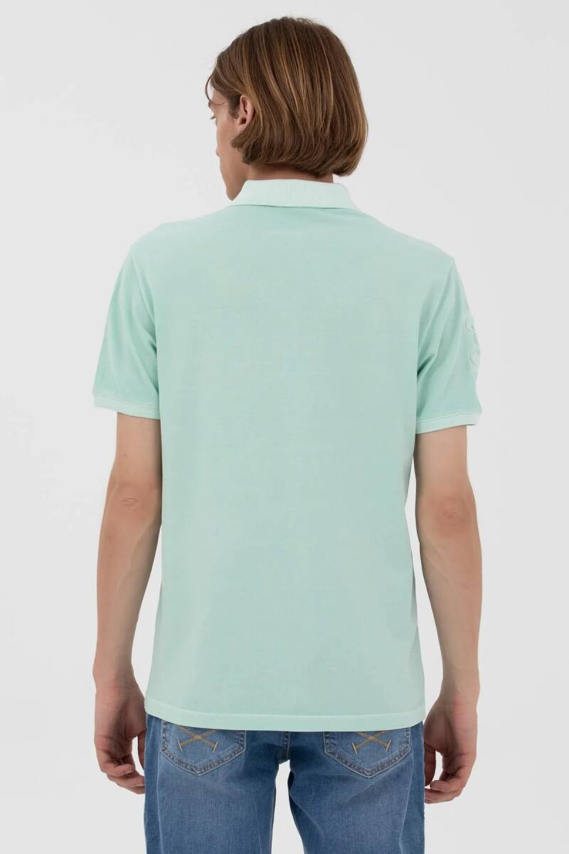 Erkek Slim Fit Polo Yaka Su Yeşili Basic Tişört - 3