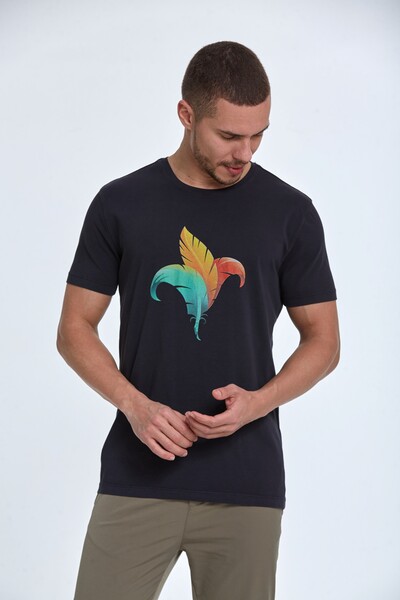 Feather Printed Cotton Men's T-Shirt - Thumbnail