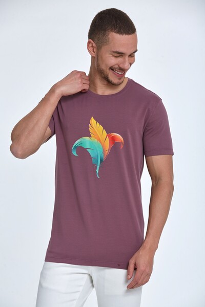 Feather Printed Cotton Men's T-Shirt - Thumbnail