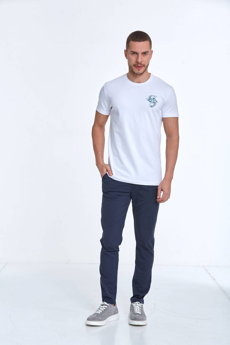 Fish Embroidered Cotton Crew Neck T-Shirt