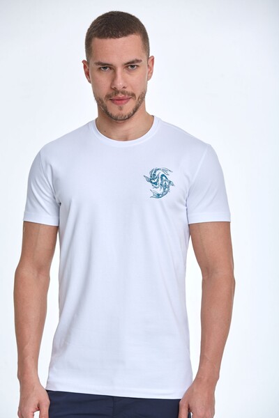 Fish Embroidered Cotton Crew Neck T-Shirt - Thumbnail