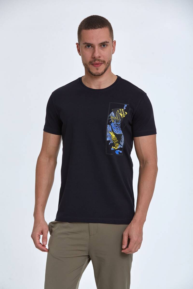 Fish Printed Crew Neck Cotton T-Shirt