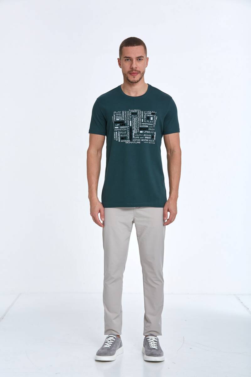 Flock Print Crew Neck Men's T-Shirt - 11