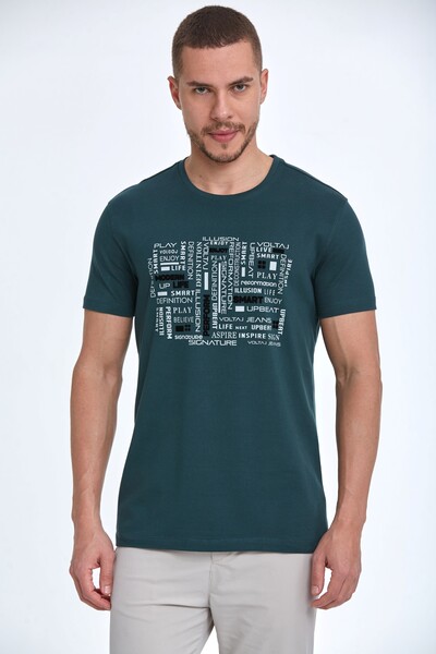 Flock Print Crew Neck Men's T-Shirt - Thumbnail