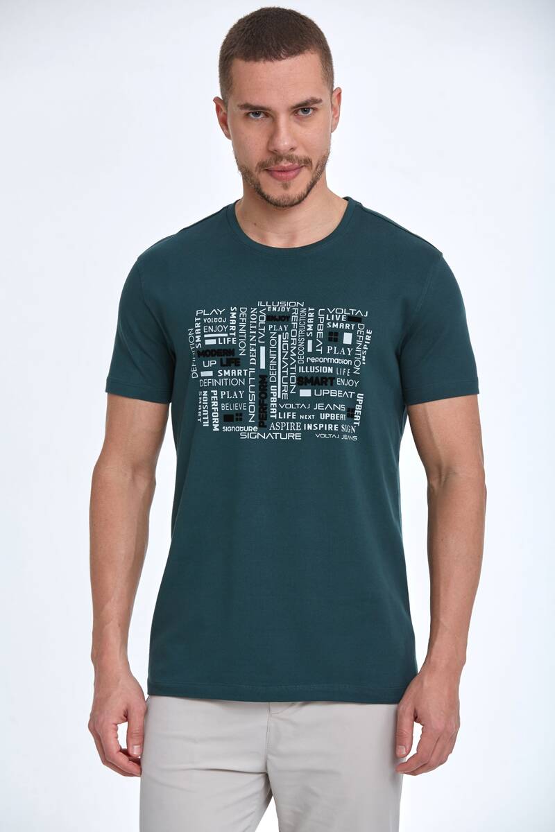 Flock Print Crew Neck Men's T-Shirt - 14