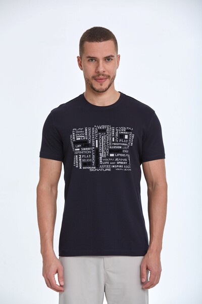 Flok Baskı Bisiklet Yaka Erkek Tişört - 9