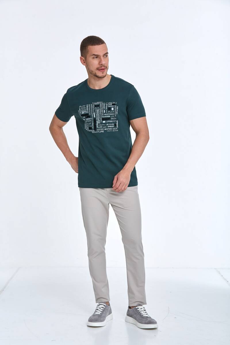 Flok Baskı Bisiklet Yaka Erkek Tişört - 12