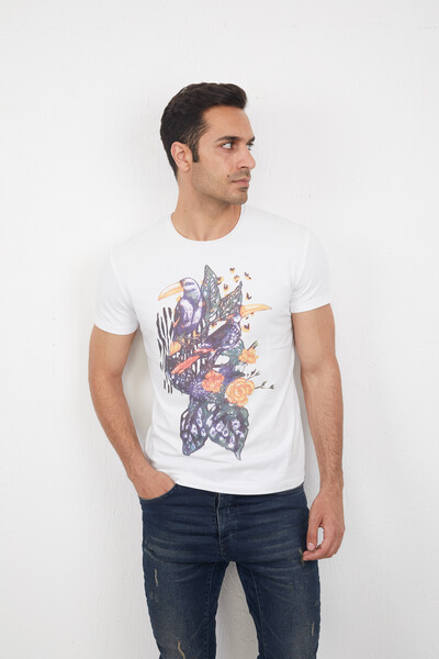 Floral and Bird Printed Round Neck Men's T-Shirt - Thumbnail