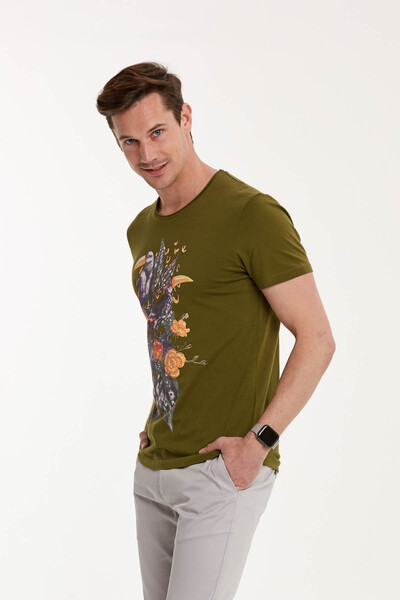 Floral and Bird Printed Round Neck Men's T-Shirt - Thumbnail