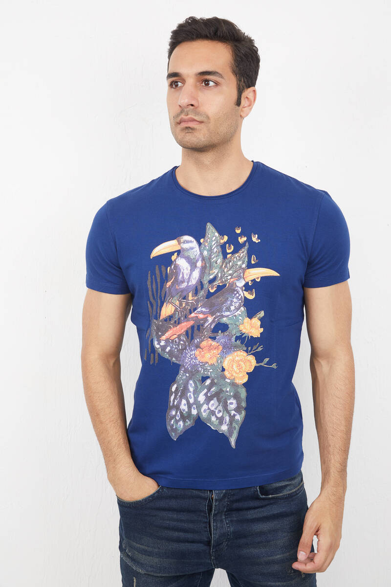 Floral and Bird Printed Round Neck Men's T-Shirt