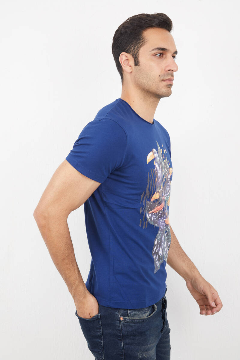 Floral and Bird Printed Round Neck Men's T-Shirt