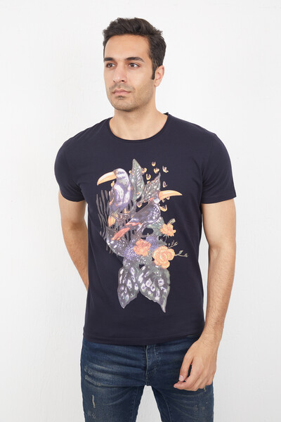 VOLTAJ - Floral and Bird Printed Round Neck Men's T-Shirt (1)