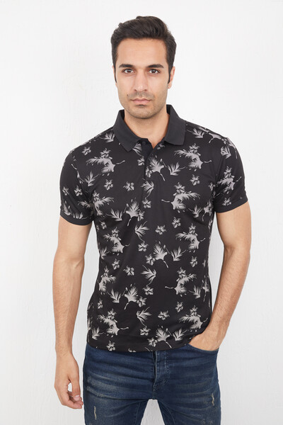 VOLTAJ - Floral Leaf Patterned Polo Neck Men's T-Shirt