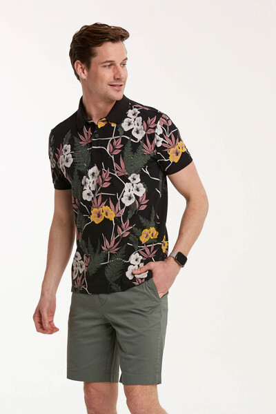 Floral Pattern Printed Men's Polo T-Shirt - Thumbnail