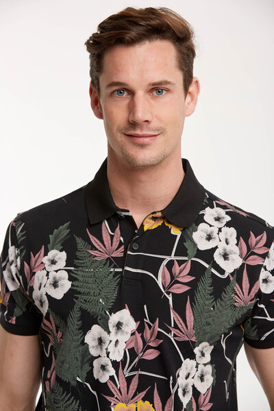 Floral Pattern Printed Men's Polo T-Shirt - Thumbnail